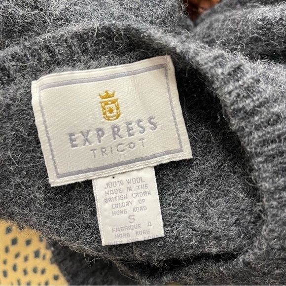 VTG Express Tricot Wool Sweater Grey V neck Size Small Large Ribbing - Picture 8 of 9
